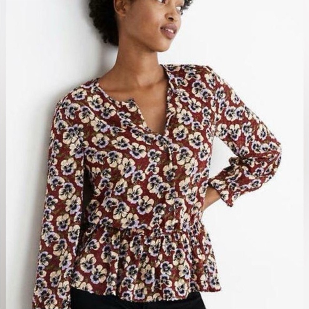Madewell XS Floral Drawstring Ruffle Hem Blouse In Viola Floral.